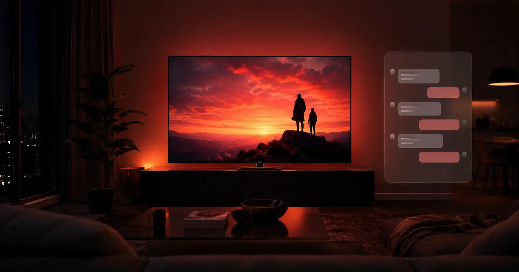 Netflix logo on a TV with a watch party chat panel beside it
