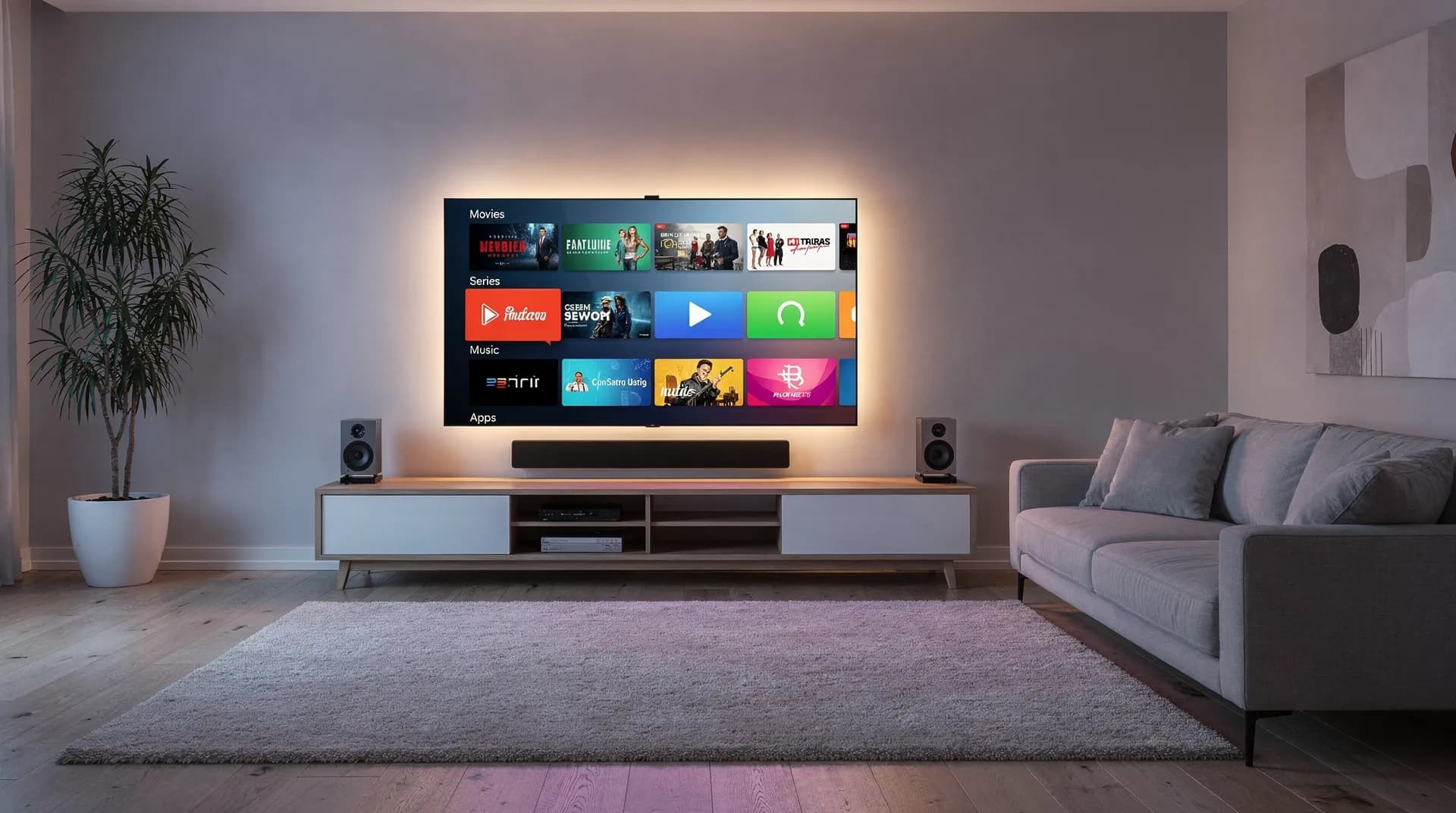 Smart TV displaying streaming app icons in a modern living room