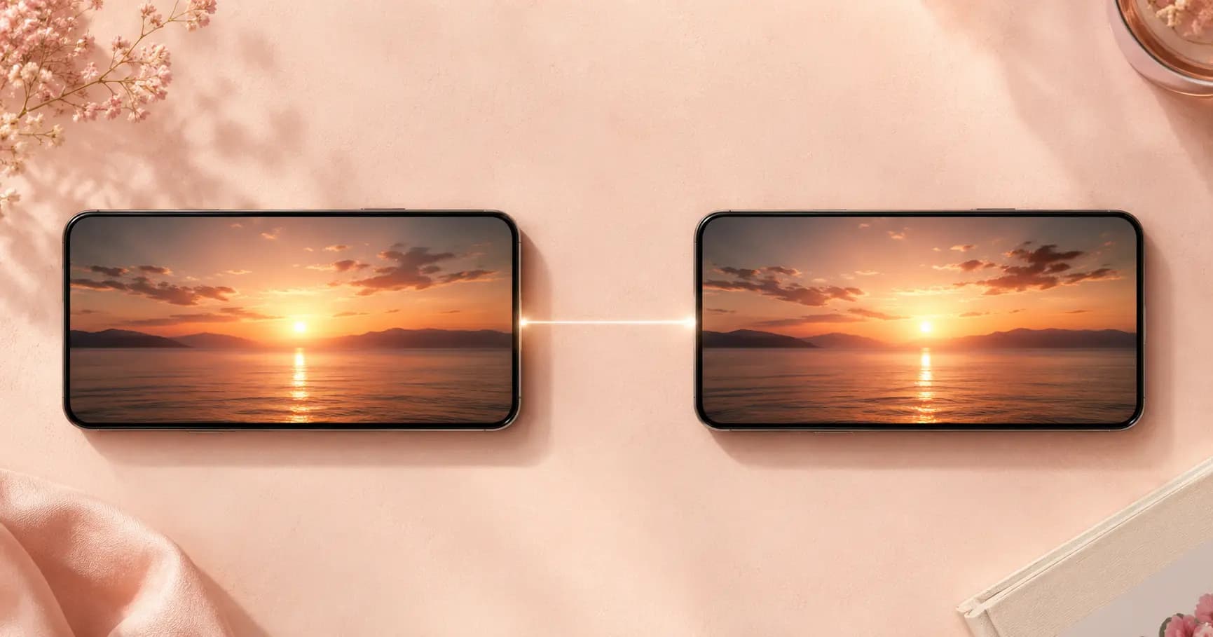 Two phones side by side showing the same movie scene with a heart icon