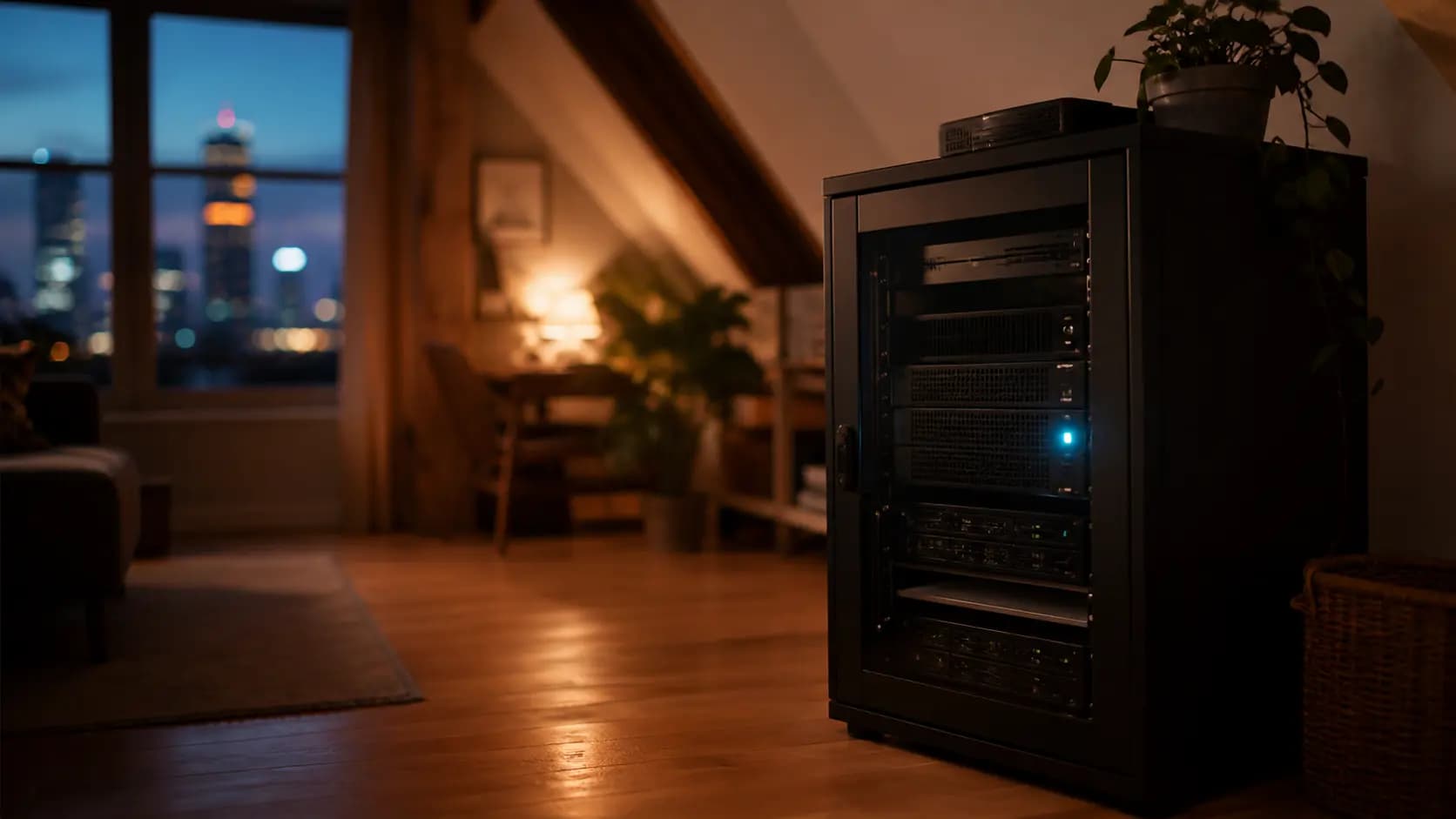 A small home server rack in a cozy attic apartment at dusk, warm lamp light on the floor and a single cyan status LED glowing