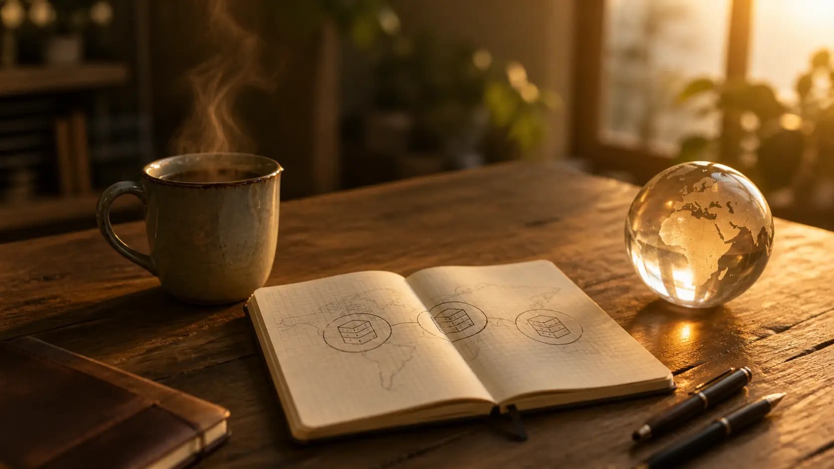 A wooden desk at golden hour with a steaming ceramic mug, an open notebook sketching three connected server regions, and a softly glowing globe paperweight