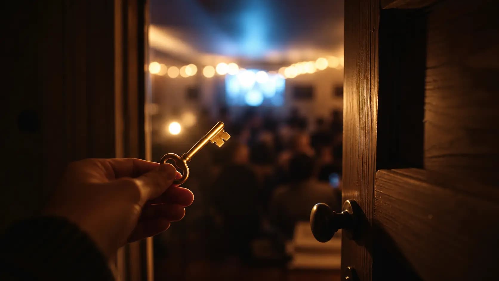 A hand holding a glowing brass key in front of a slightly open door, with warm light and the blurred silhouettes of a crowded living room spilling through
