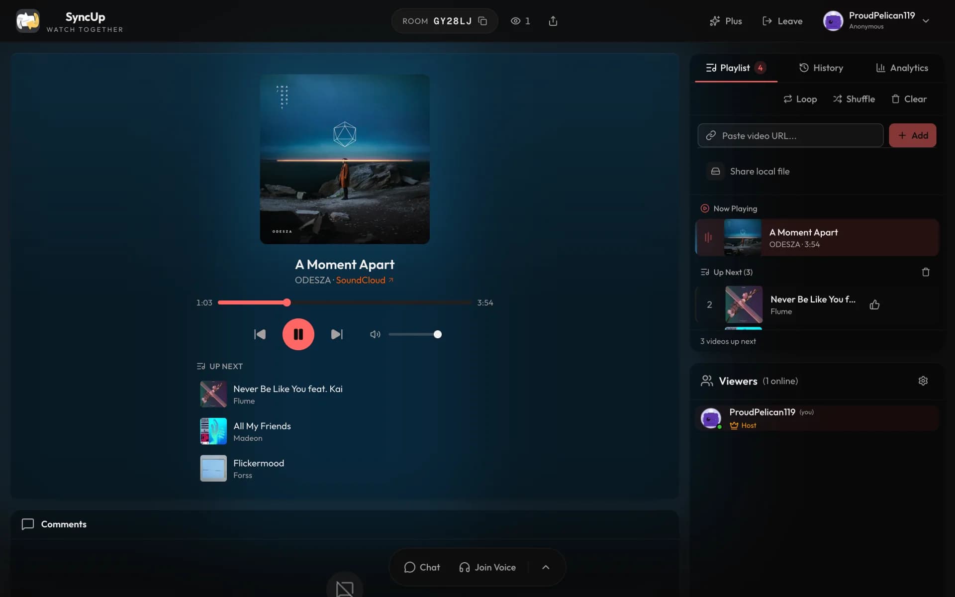 A SyncUp room playing a SoundCloud track: square cover art above the title and artist, a scrubber, play controls, and three queued tracks under an Up Next heading
