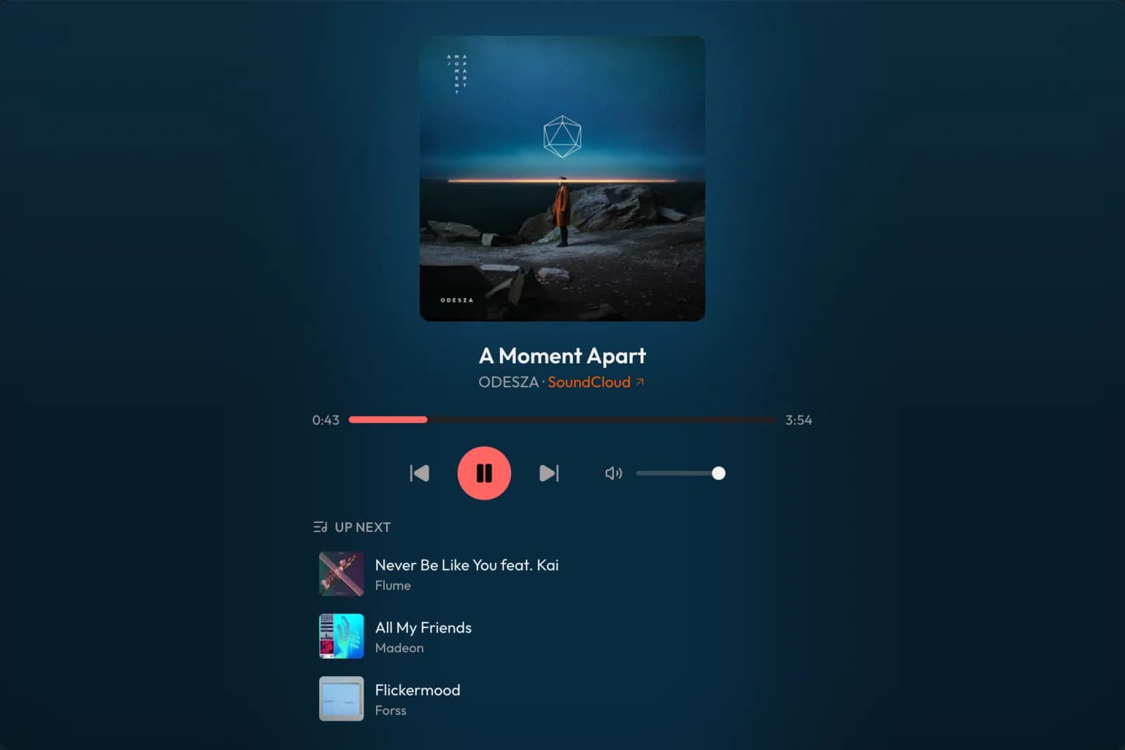 The SyncUp music player: cover art for A Moment Apart by ODESZA with a glow behind it, a SoundCloud link under the artist name, a scrubber at 0:43 of 3:54, play controls, and three tracks listed under Up Next