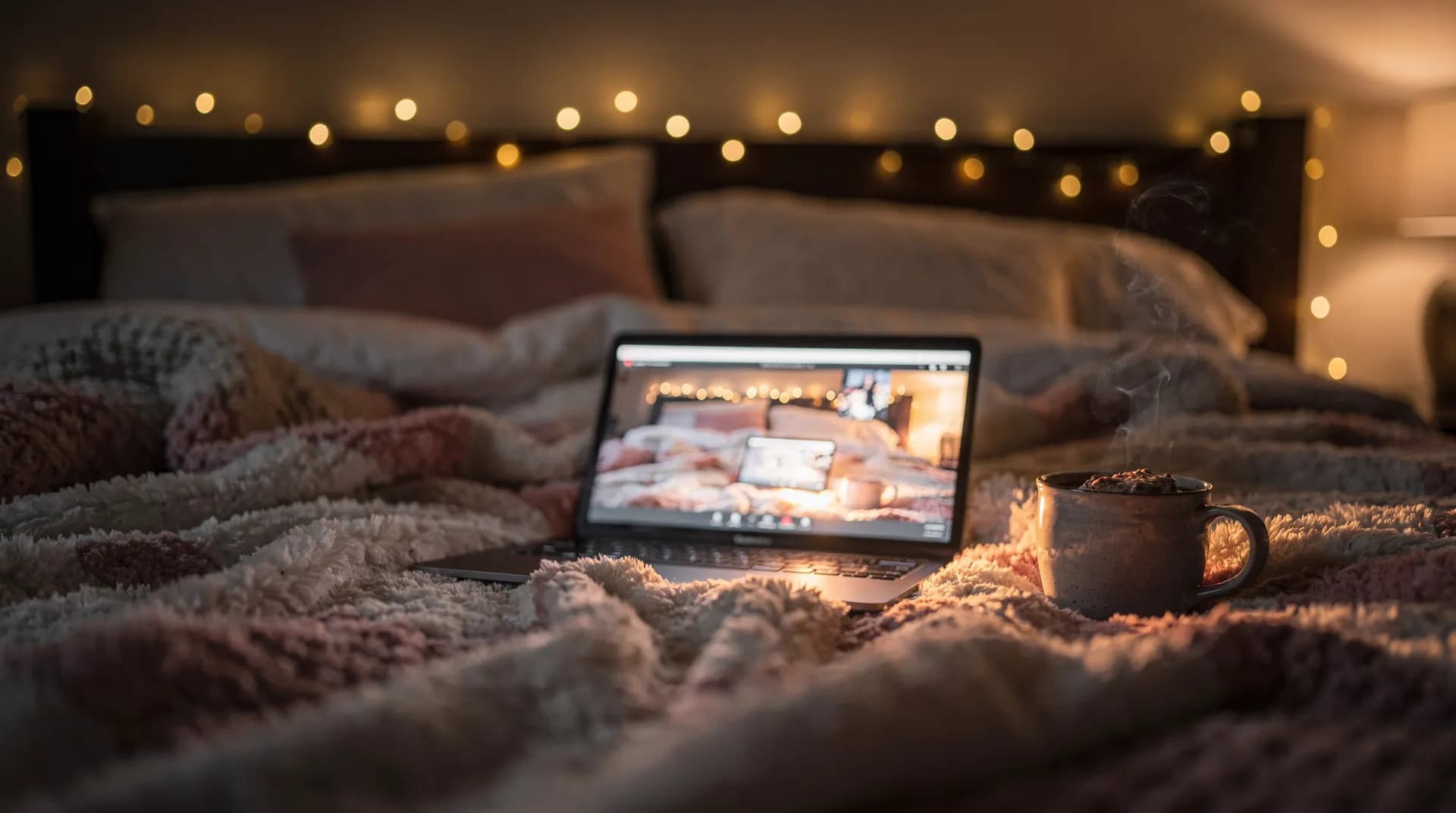Cozy movie night setup with laptop