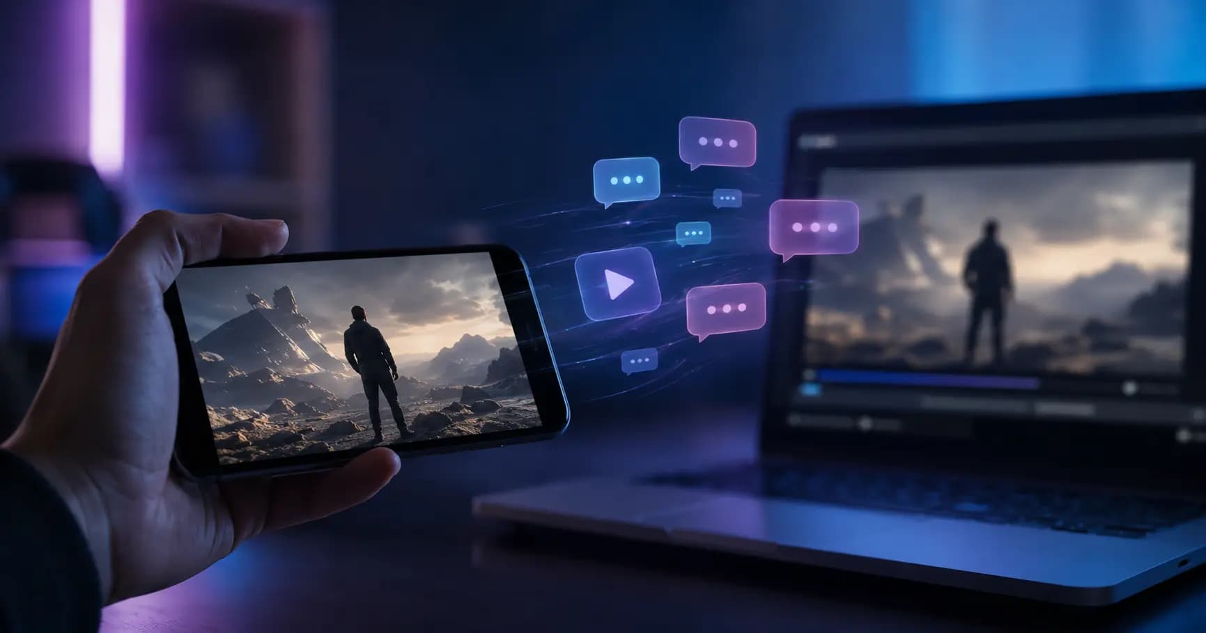 Smartphone playing a movie surrounded by chat bubbles representing a watch party