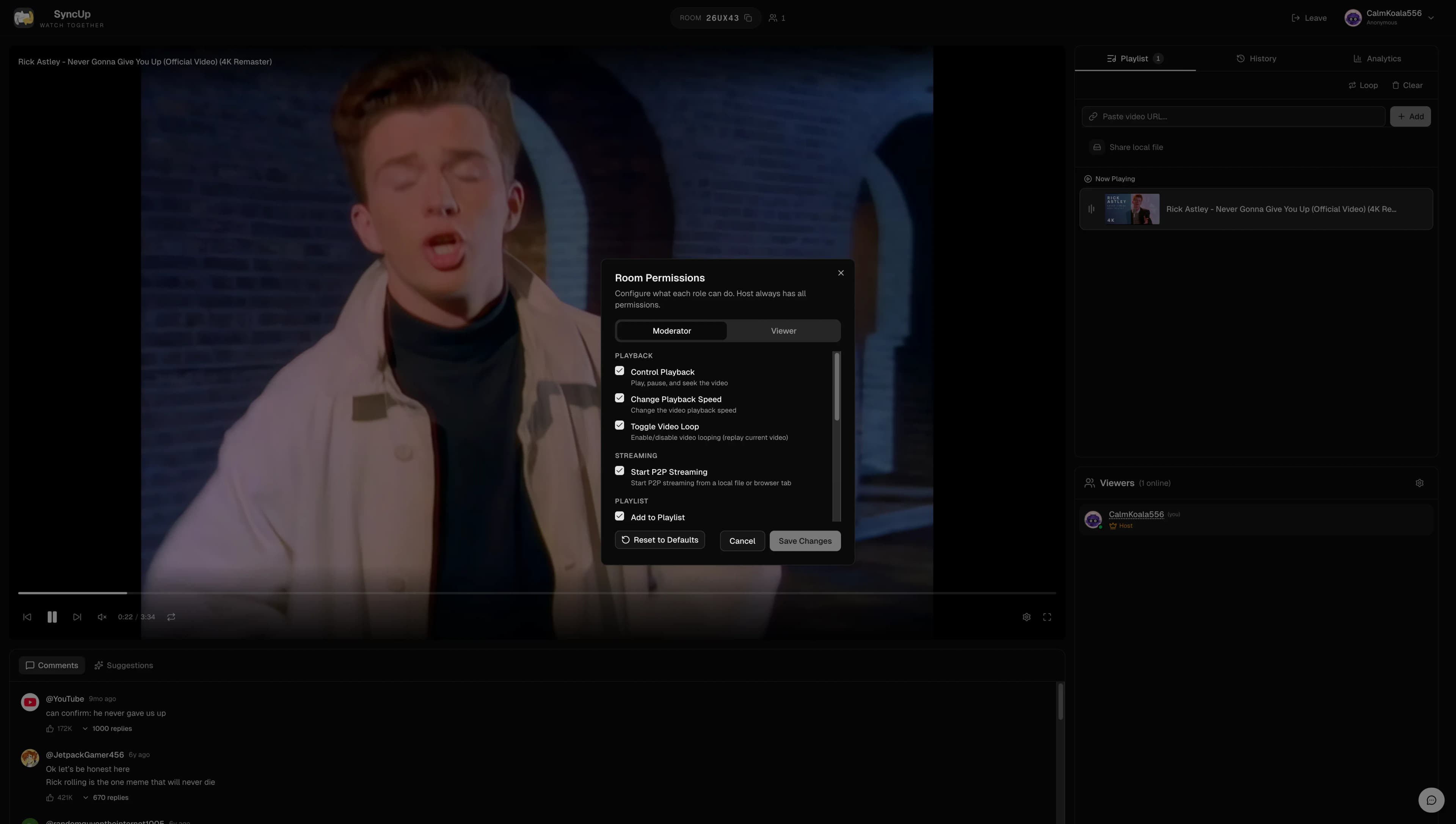 SyncUp room permissions panel showing playback, playlist, and user controls