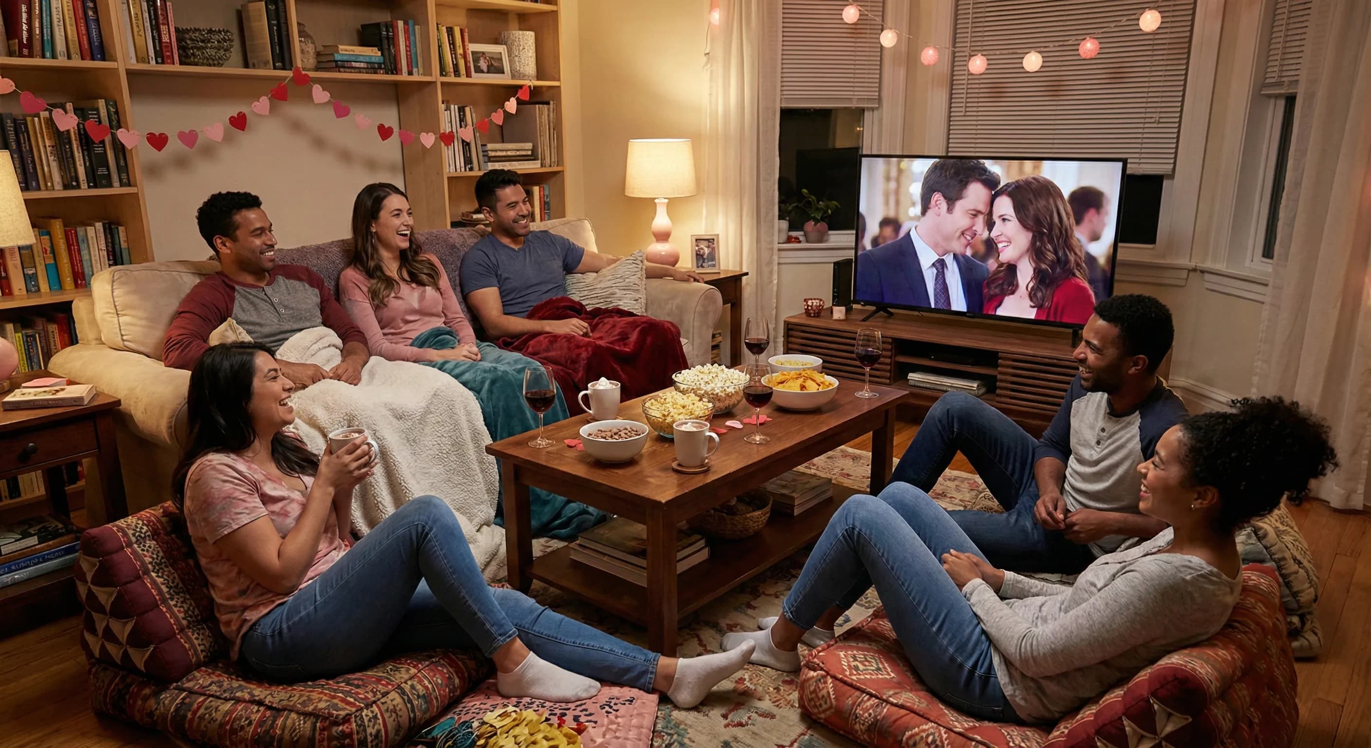 Friends gathered around a screen for a Valentine's Day watch party with snacks and drinks