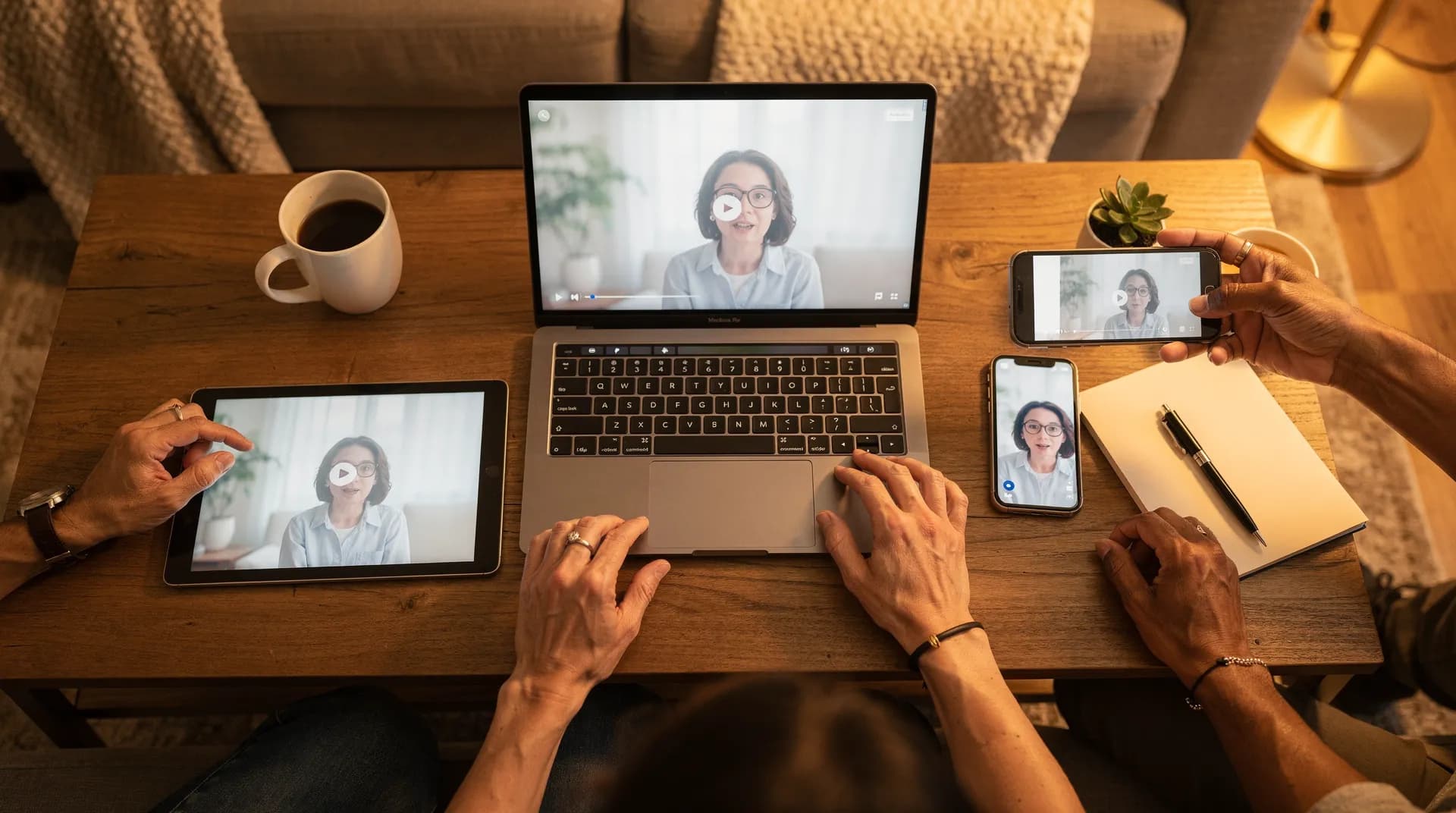 Friends gathered around devices sharing a viewing experience together
