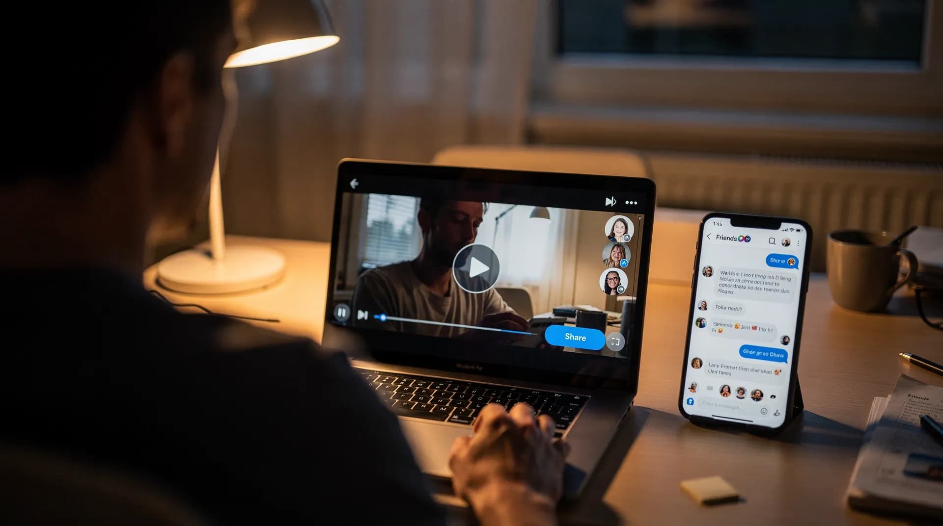 Person using laptop to share video content with friends remotely