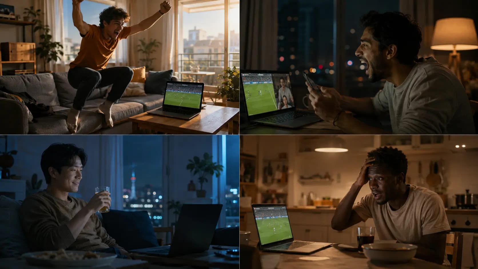 Friends in separate cities watching a World Cup match on laptops at the same time
