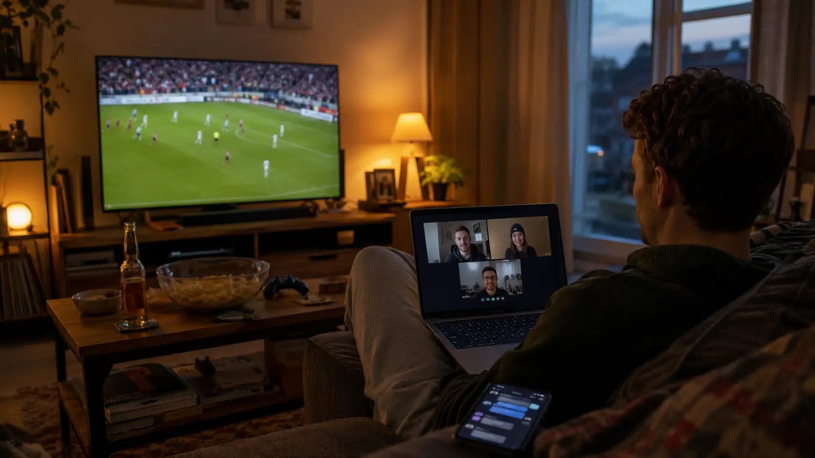 Group of friends video calling while watching a football match on separate screens