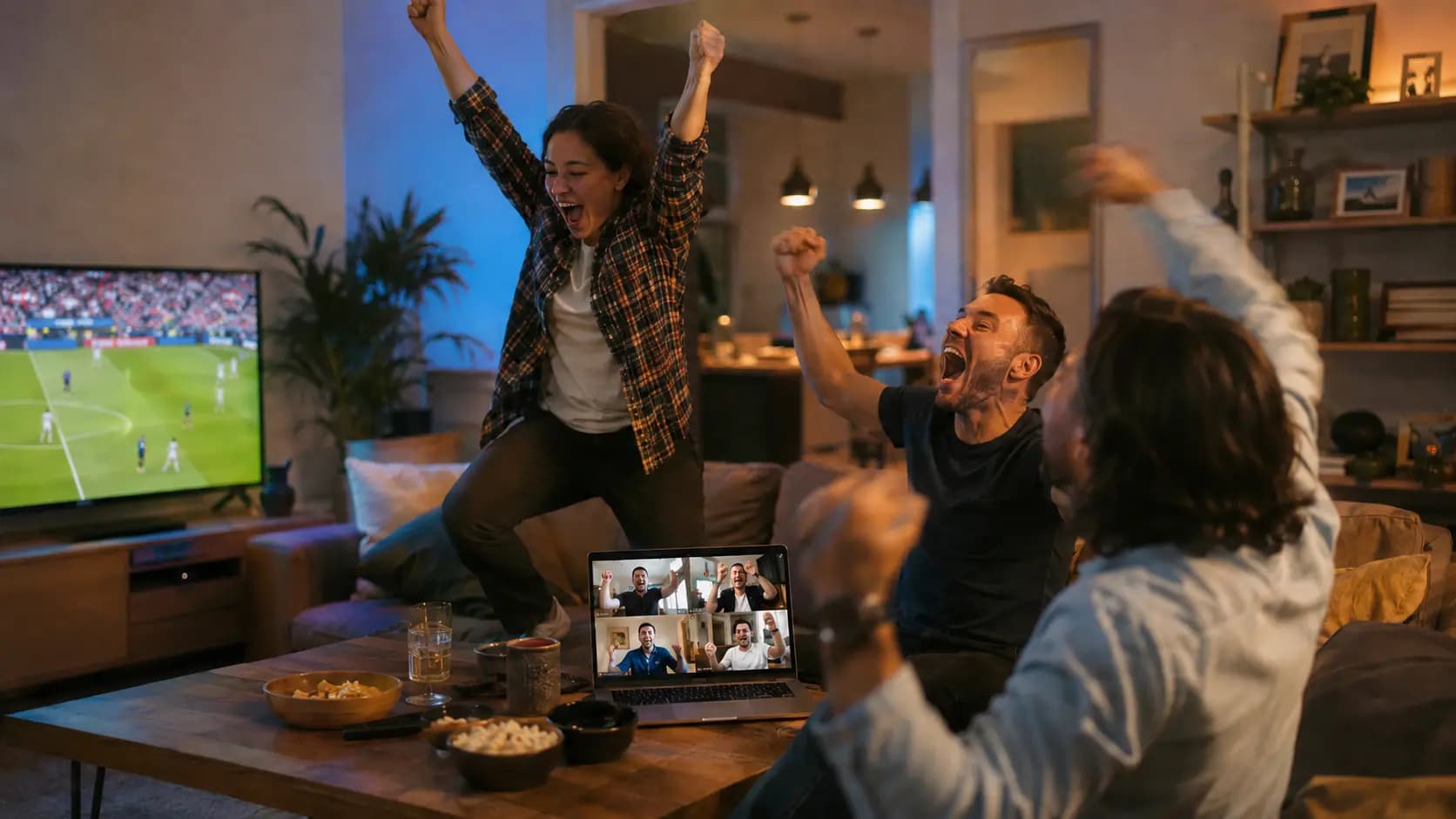 Football fans celebrating a goal while watching a match together
