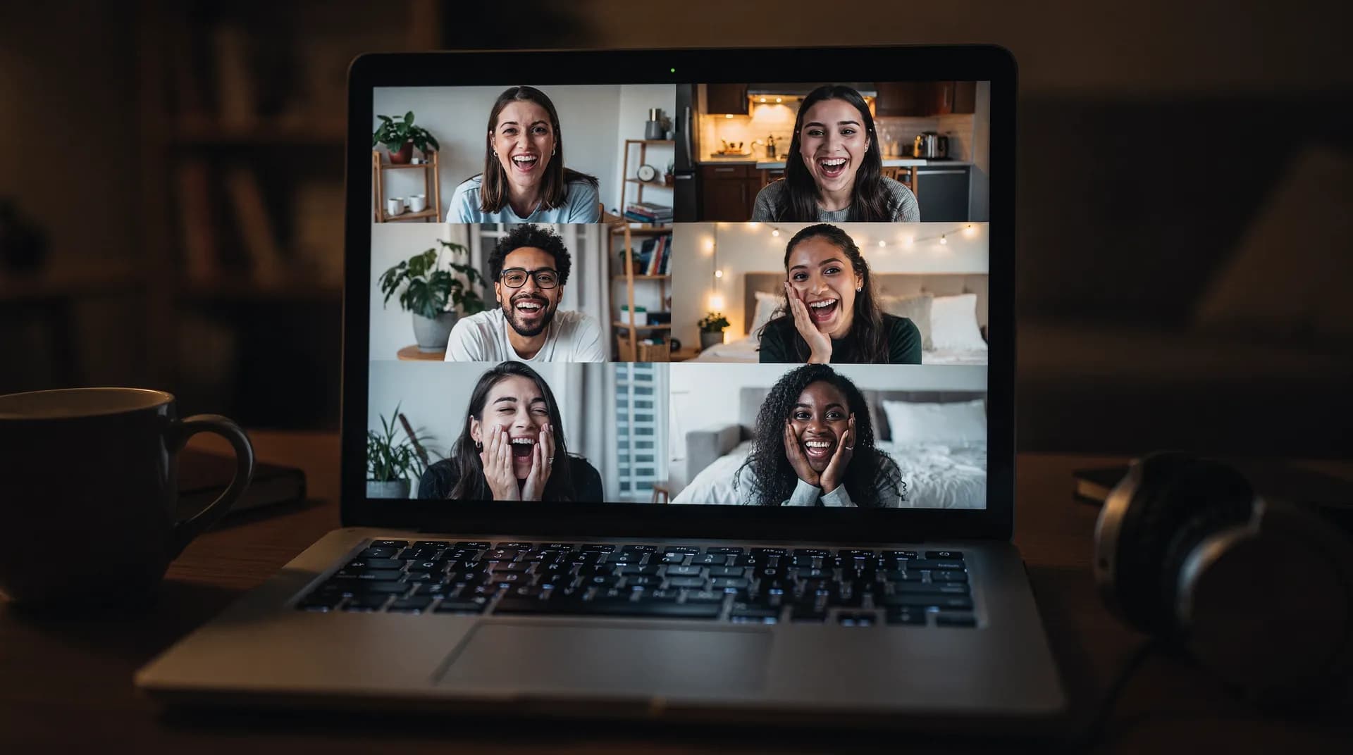 Laptop showing a video call with friends connecting remotely