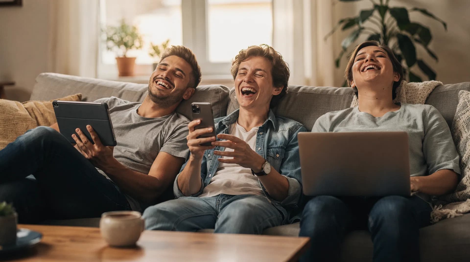 Friends laughing together around laptops