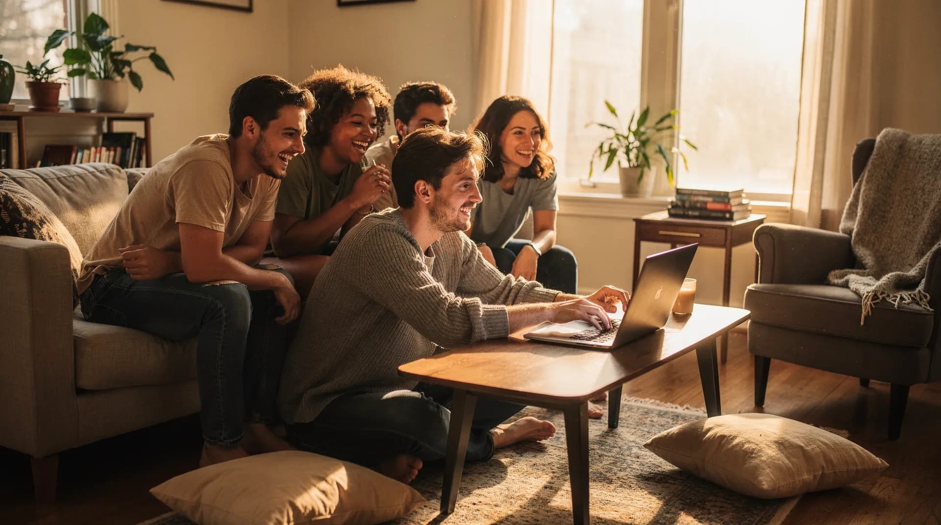 Family gathered together at sunset, sharing memories