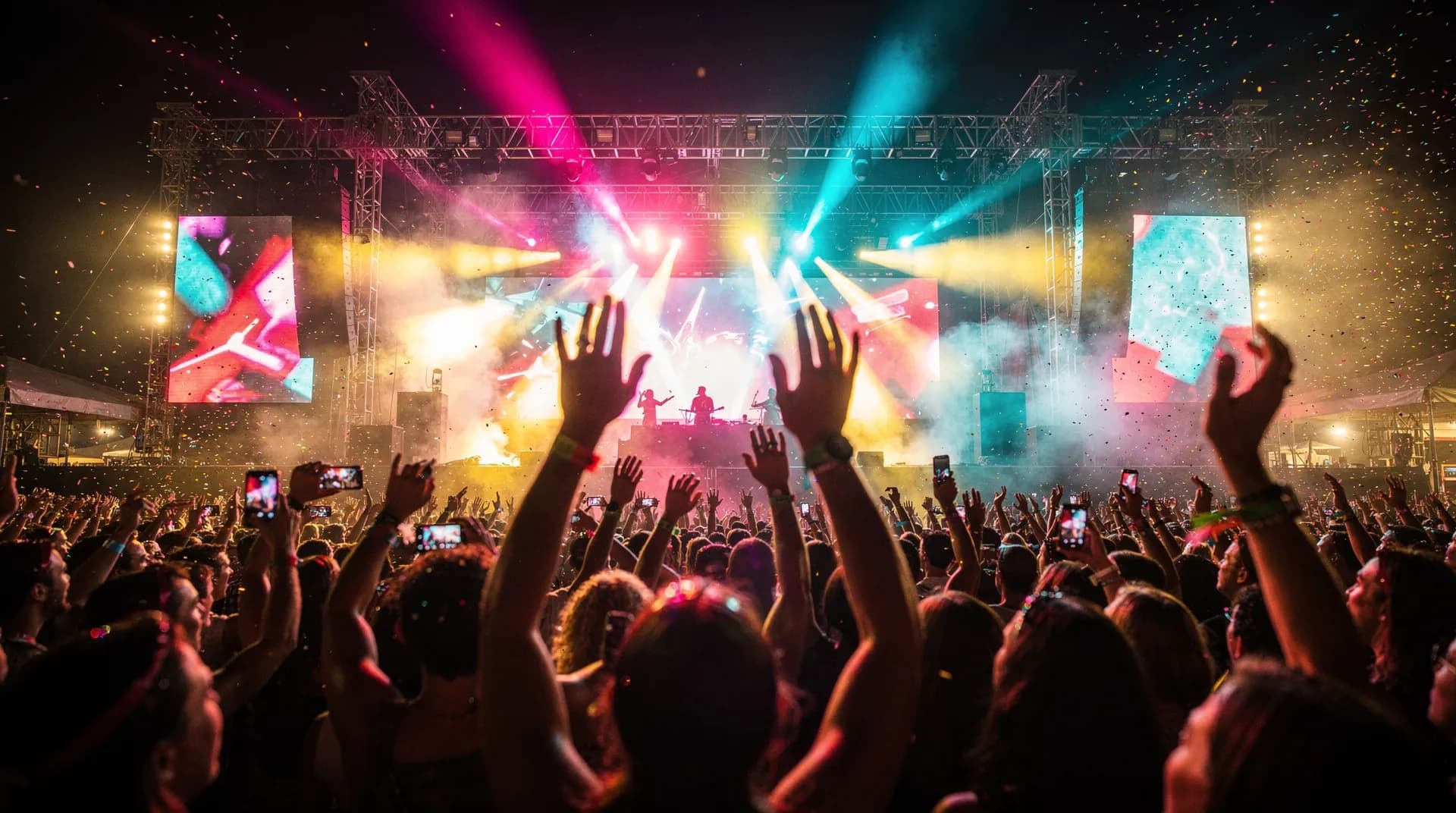 Live concert with crowd and stage lights