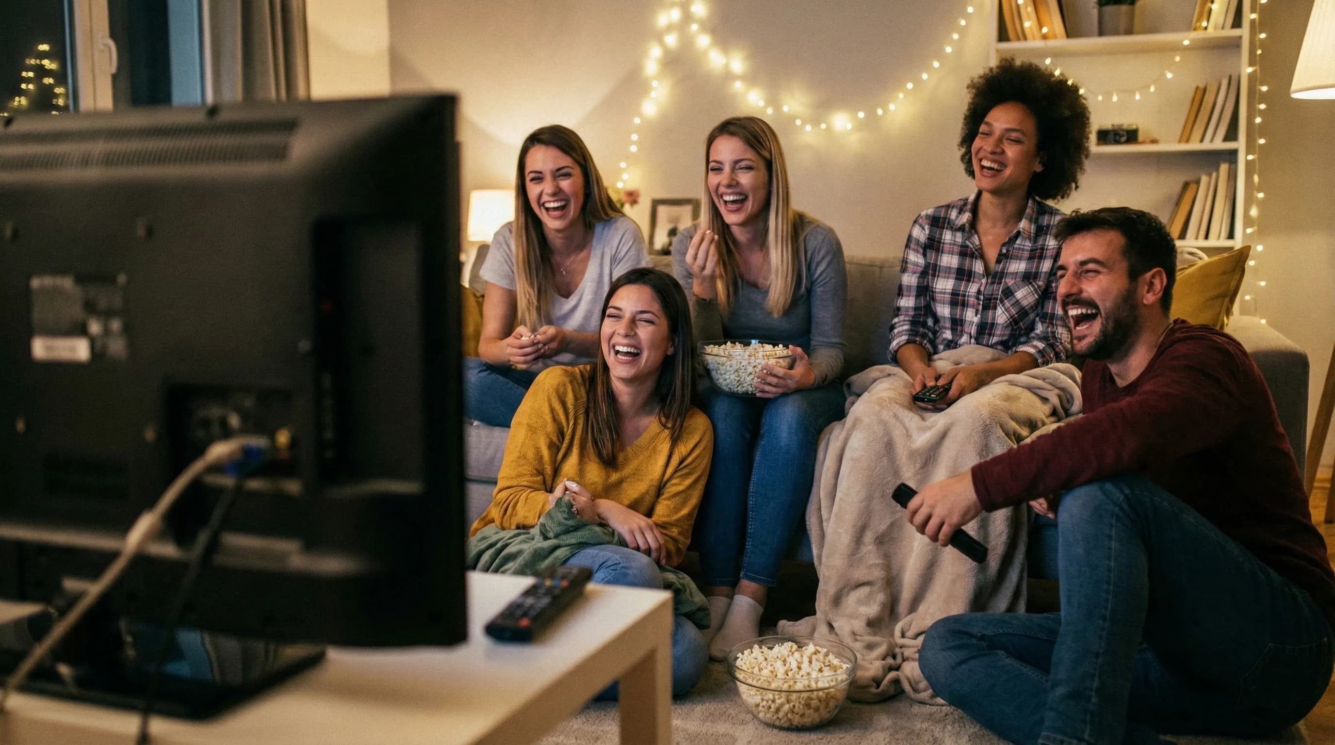 Group of friends laughing while watching movies together on Valentine's Day