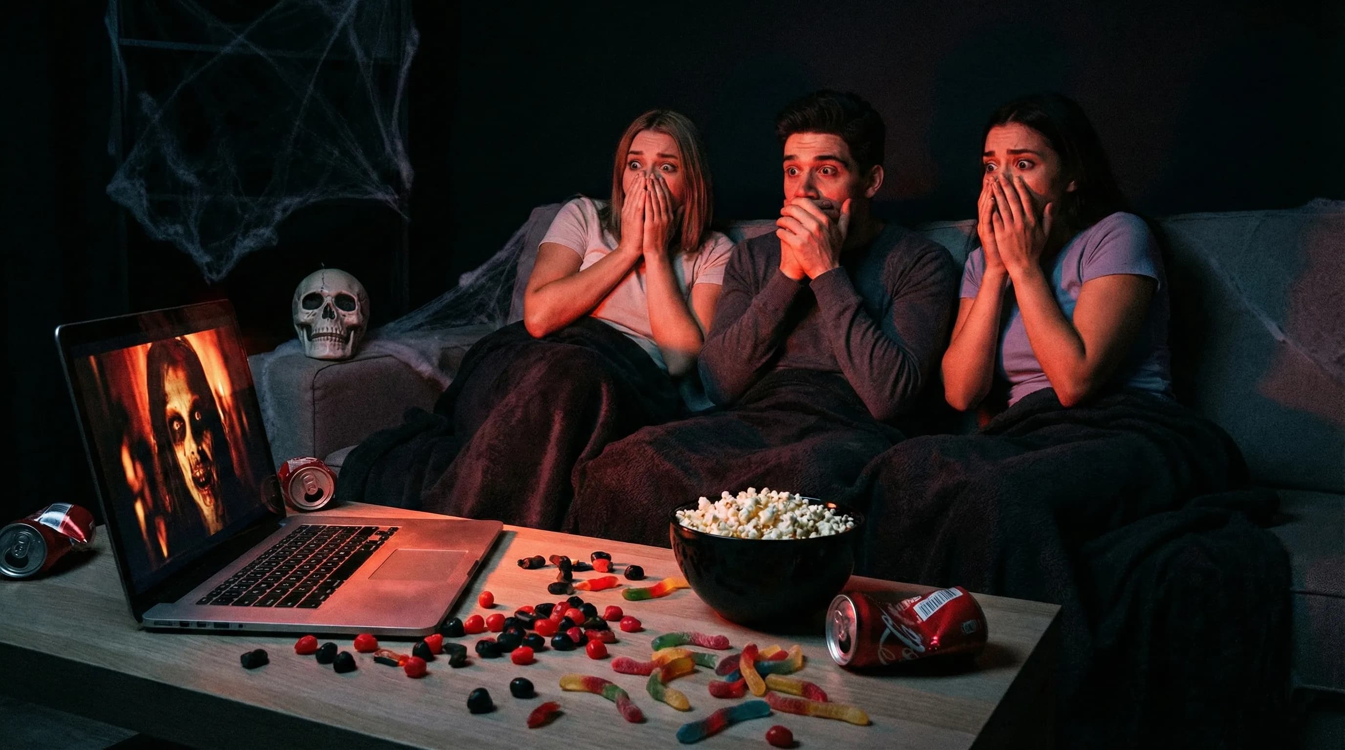 Friends reacting to a horror movie during an anti-Valentine's Day watch party