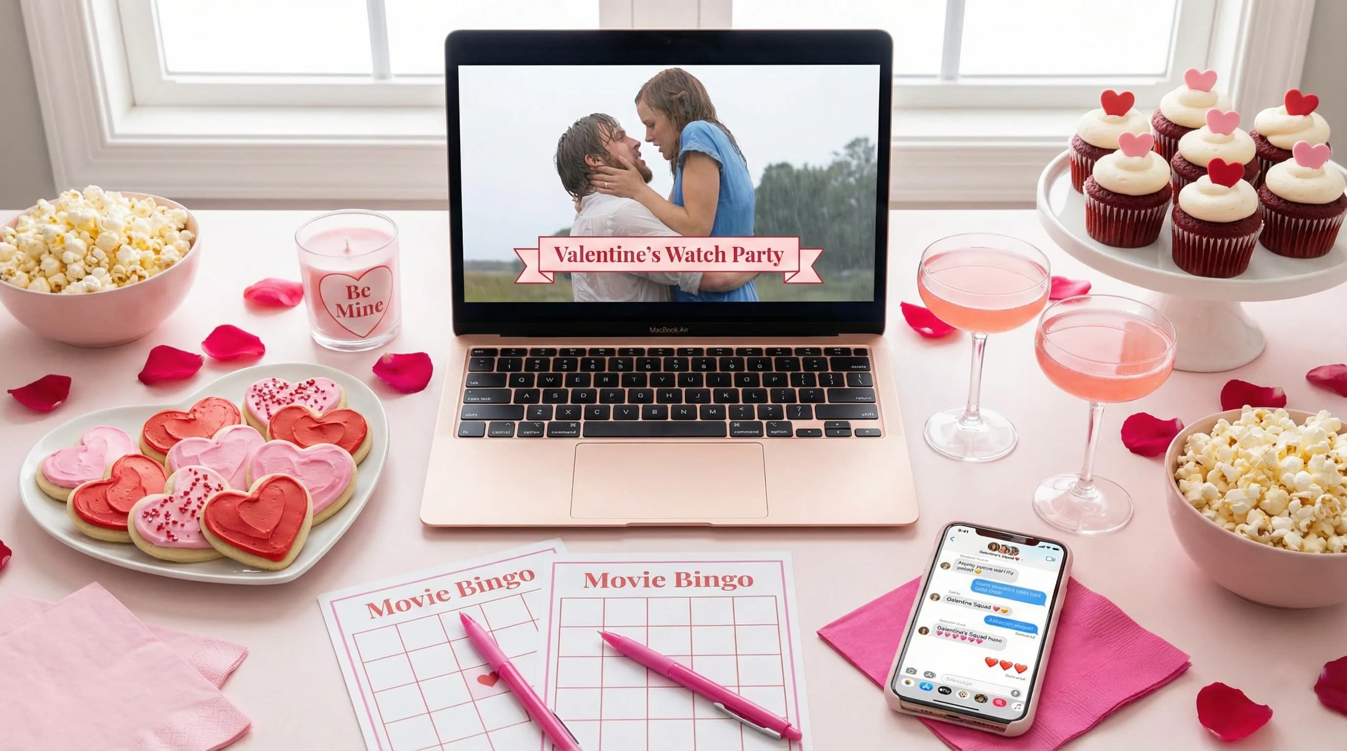 Virtual watch party setup with snacks and laptop for Valentine's Day celebration