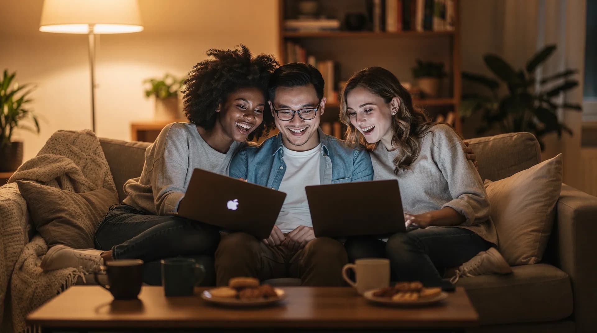 Friends laughing together while sharing a screen