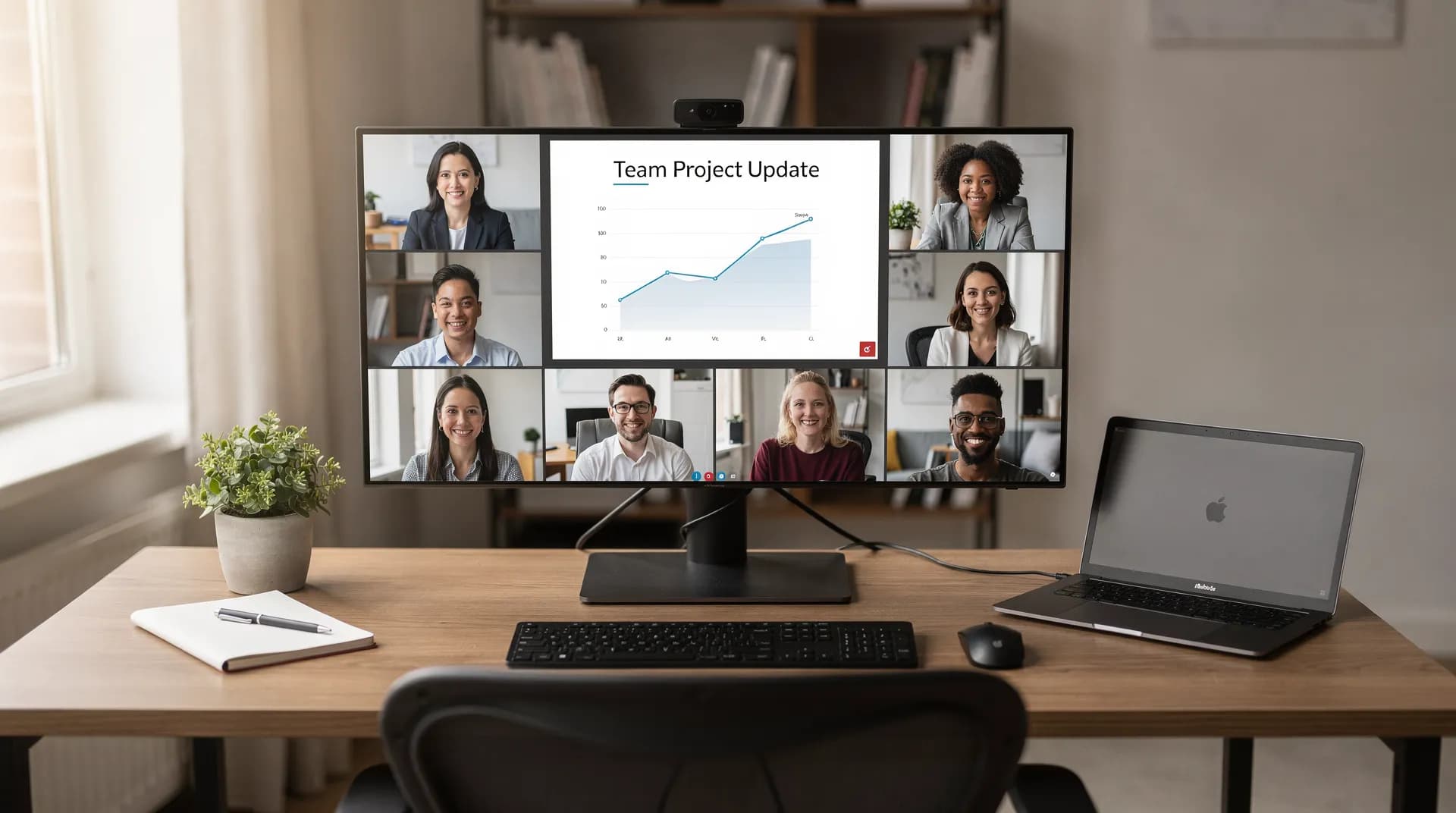 Remote team video call on laptop screen