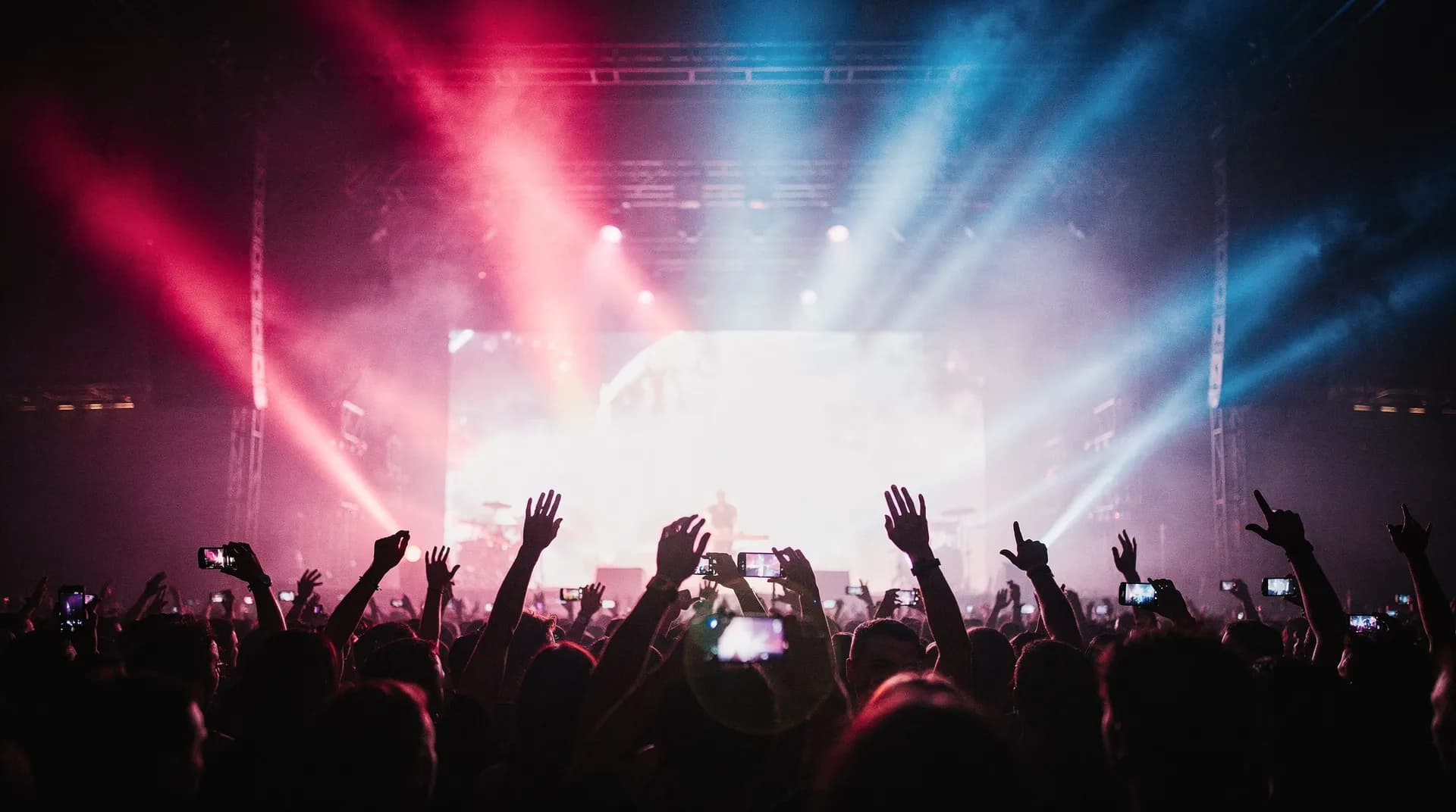 Live concert with crowd and stage lights